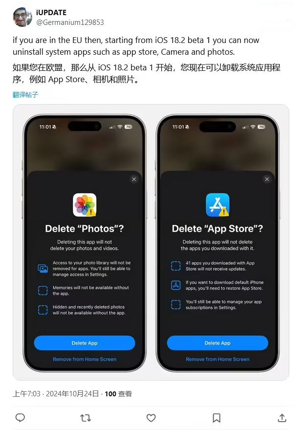 清苑苹果手机维修分享iOS 18.2 支持删除 App Store 应用商店 