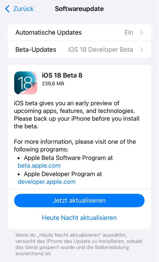 清苑苹果手机维修分享苹果 iOS / iPadOS 18 开发者预览版 Beta 8 发布 